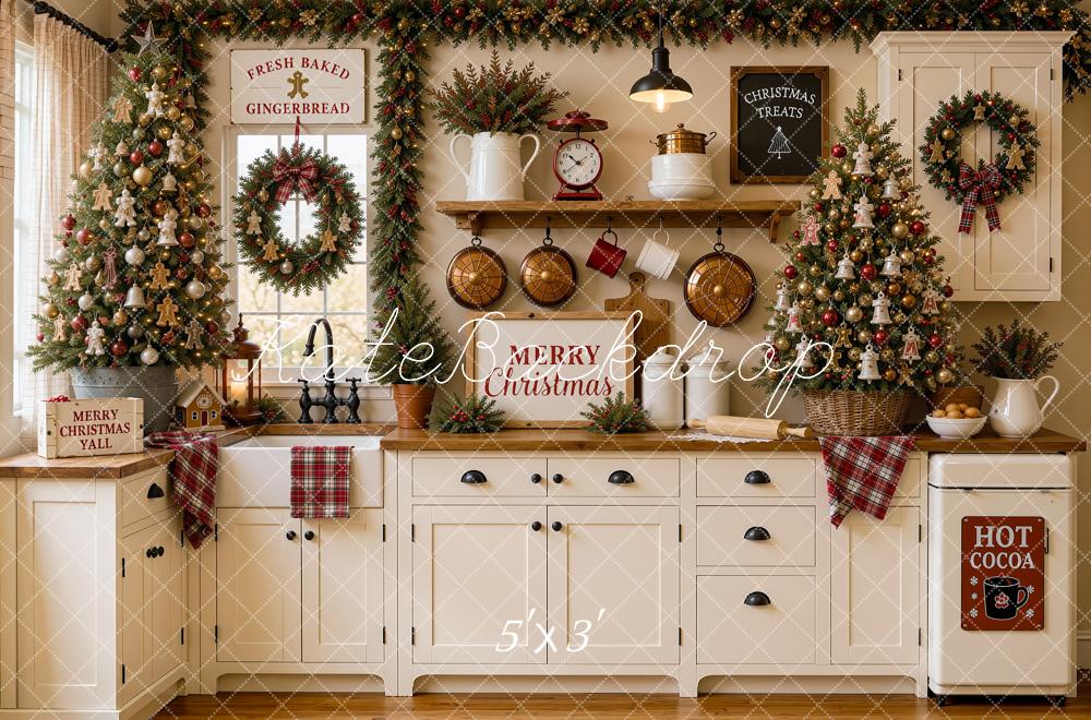 Kate Christmas Tree White Kitchen Cabinet Pan Baking Plaid Printed Backdrop Designed by Shutter Swan Studios