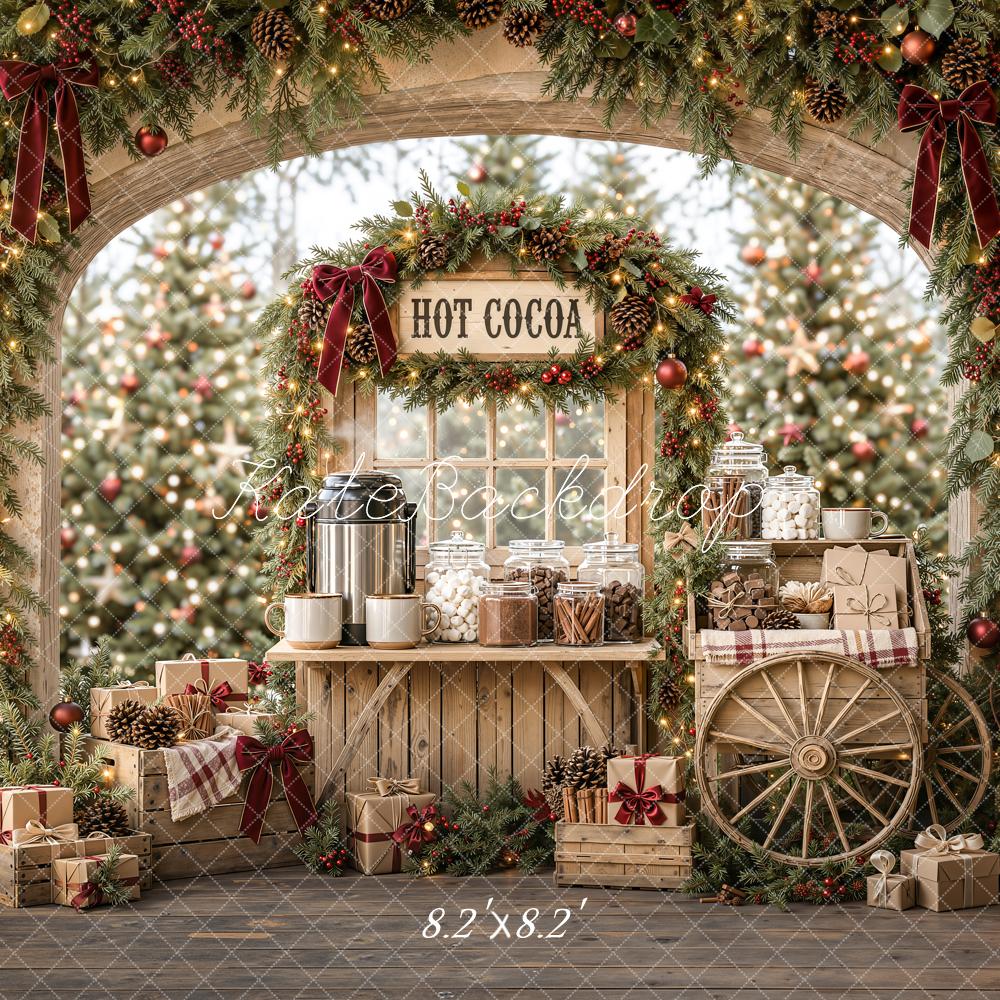 Kate Christmas Hot Cocoa Stand Wood Cart Pine Arch Printed Backdrop Designed by Emetselch