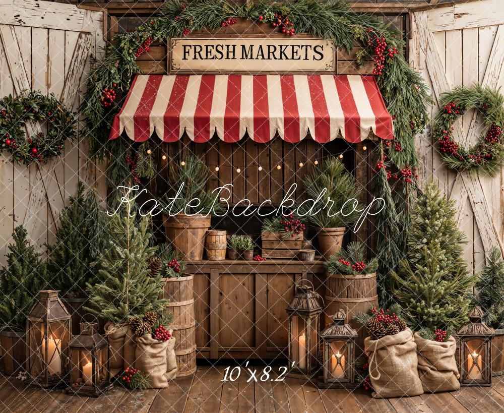 Kate Christmas Market Pine Trees Wreath Lanterns Printed Backdrop Designed by Emetselch