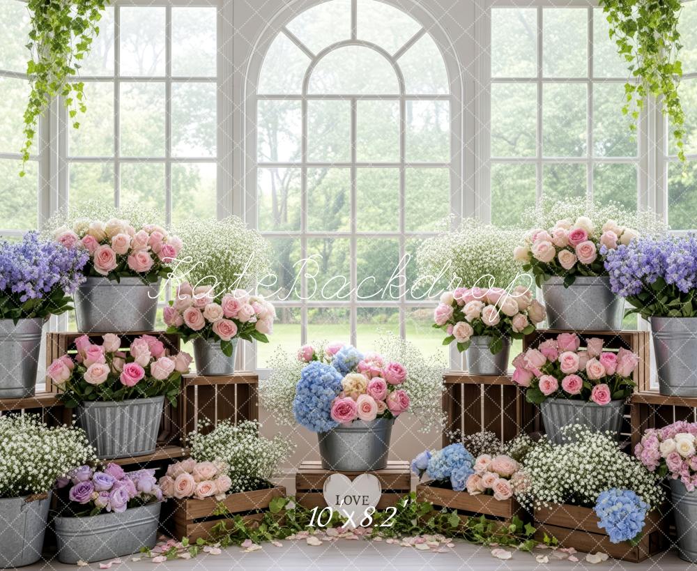 Kate Pastel Flower Buckets Wooden Crates Window Backdrop Designed by Patty Roberts