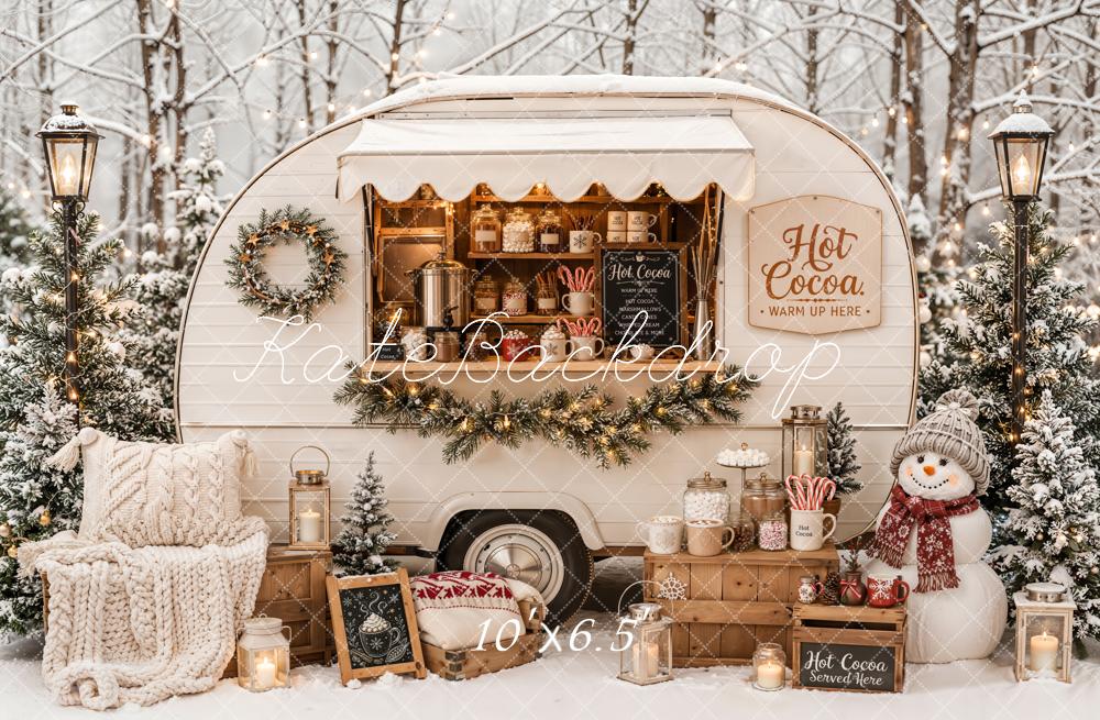 Kate Christmas Hot Cocoa Camper Snowy Forest Snowman Printed Backdrop Designed by Emetselch