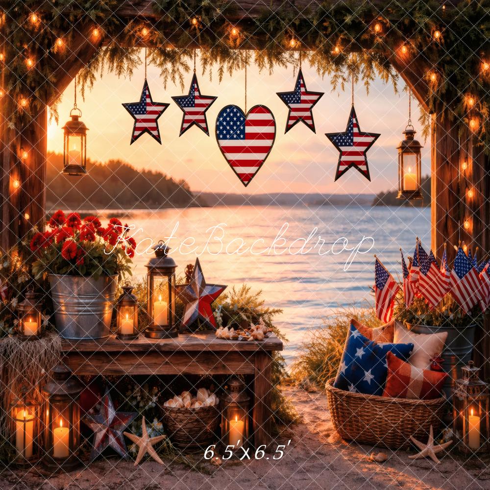 Kate 4th Of July Arch Stars American Flags Lake Sunset Printed Backdrop Designed by Vertigo Productions