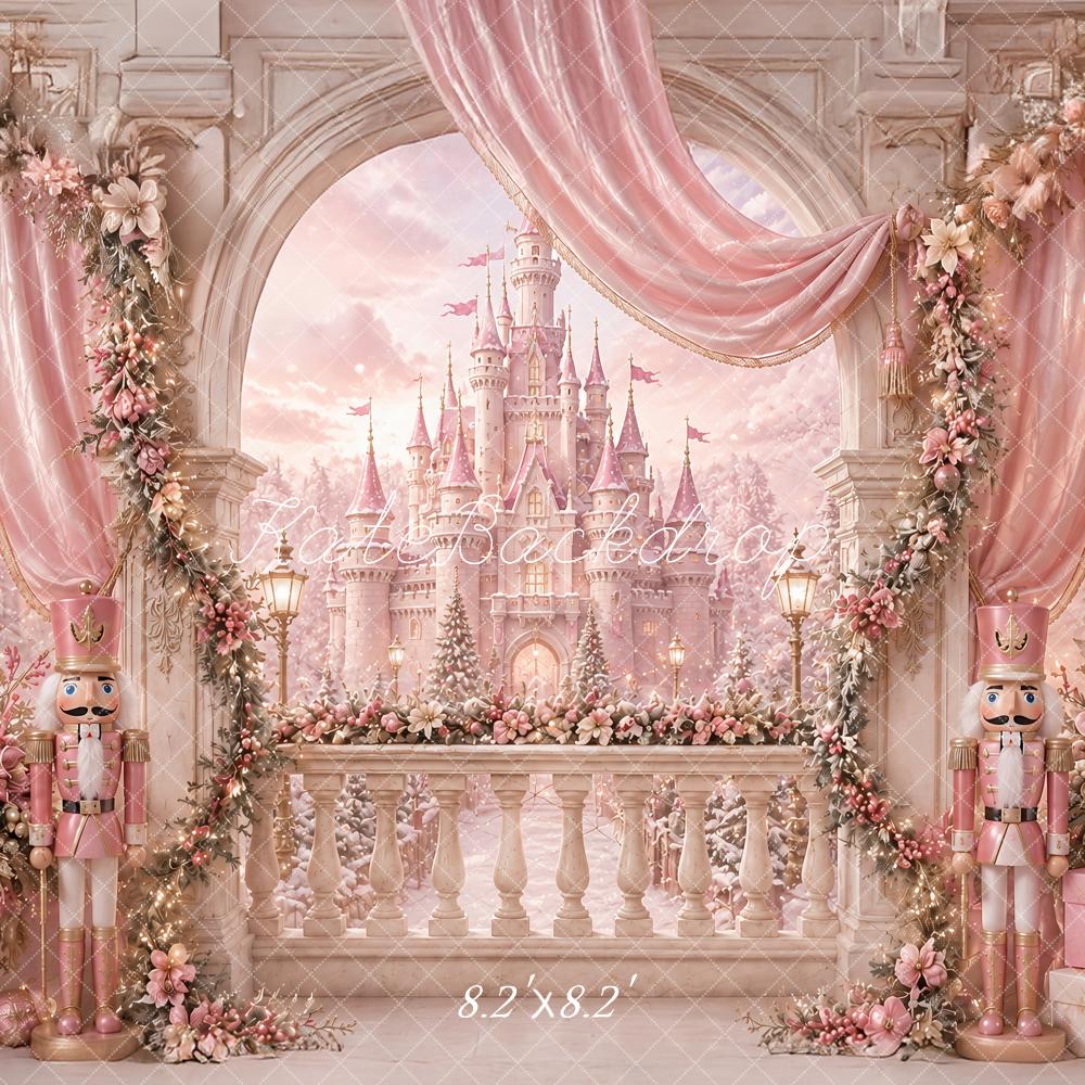 Kate Christmas Pink Castle Arch Nutcracker Drapery Flowers Printed Backdrop Designed by Ashley Paul