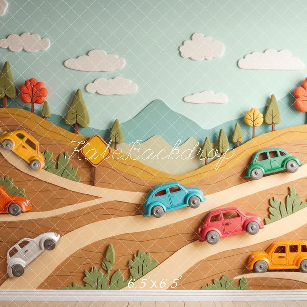 Kate Cartoon Cars Hillside Road Trees Clouds Printed Backdrop Designed by Laura Bybee