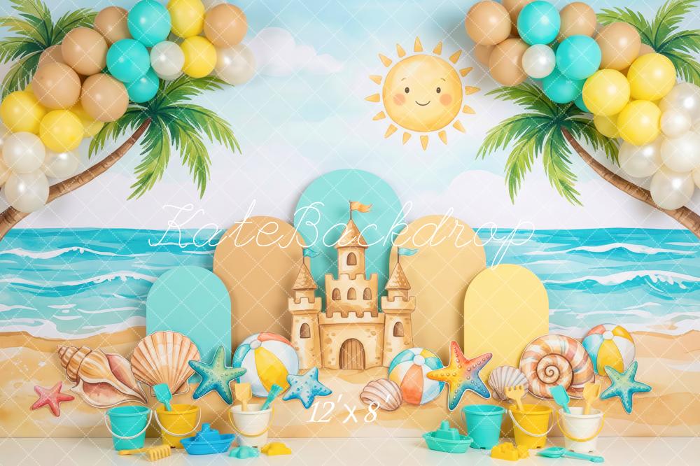 Kate Summer Beach Sandcastle Palm Trees Shells Balloons Printed Backdrop Designed by Patty Roberts