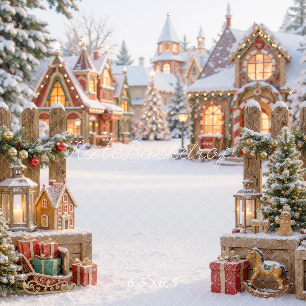 Kate Christmas Snowy Village Gingerbread Houses Printed Backdrop Designed by Mini MakeBelieve