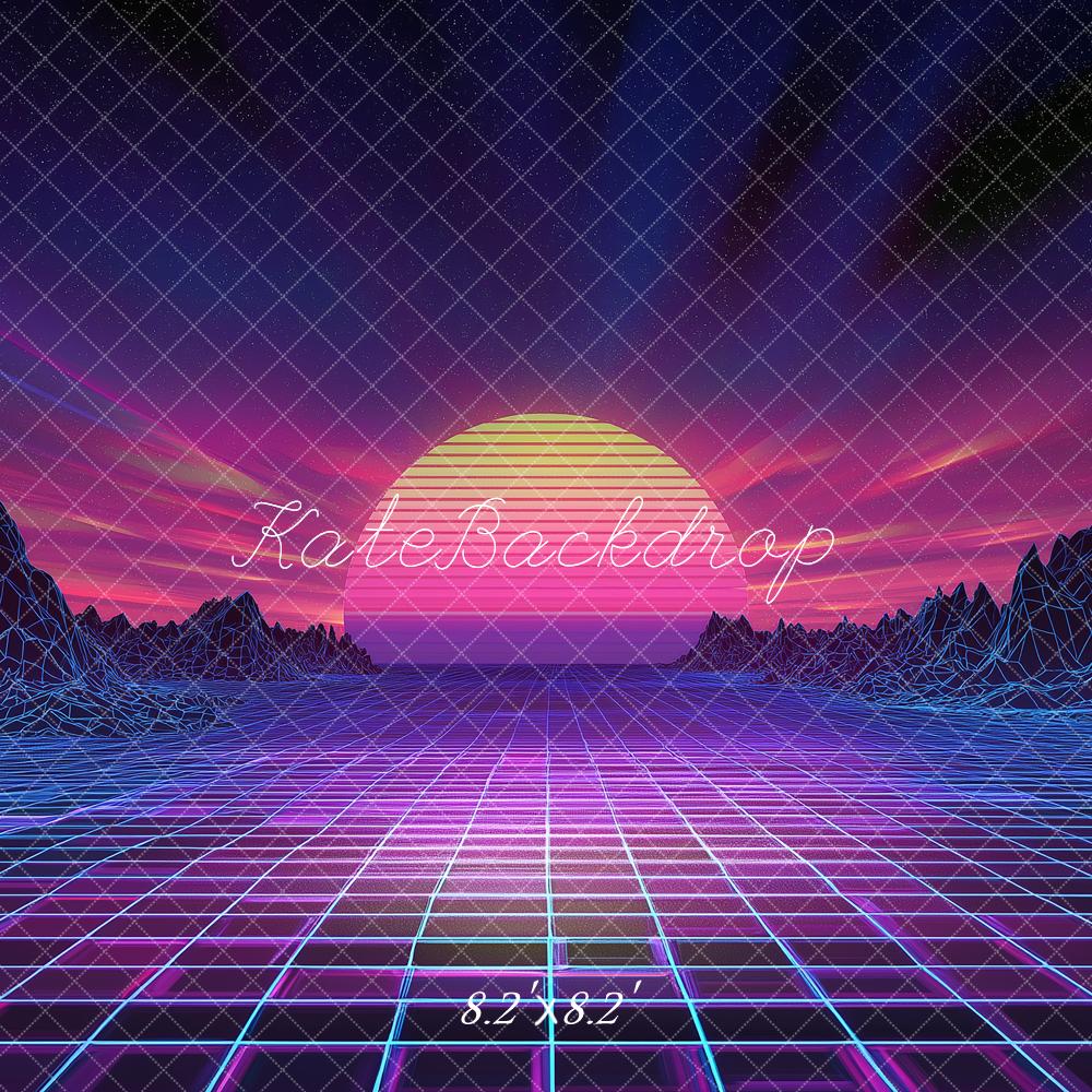 Kate Retro Grid Neon Sunset Landscape Printed Backdrop Designed by Angela Miller