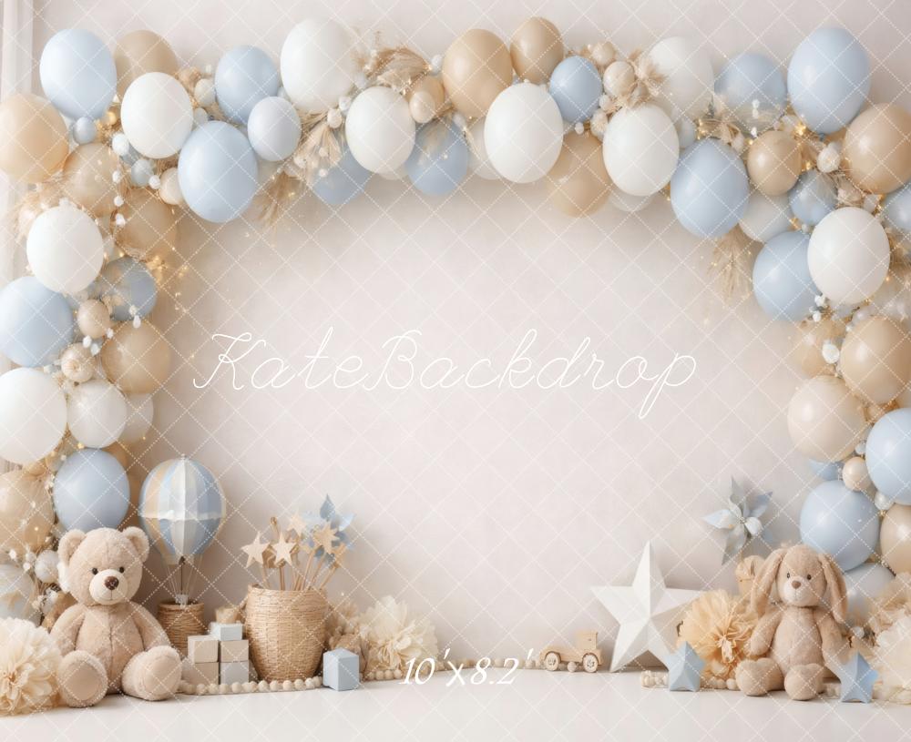 Kate Cake Smash Balloon Arch Teddy Bear Blue Beige Nursery Printed Backdrop Designed by Vertigo Productions
