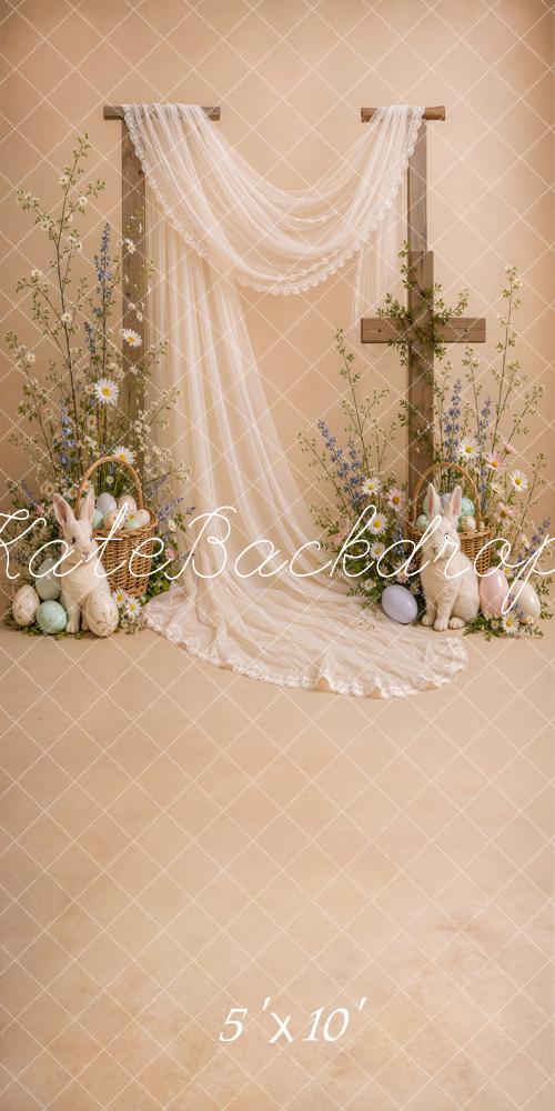 Kate Sweep Easter Cross Drapery Bunny Beige Floral Printed Backdrop Designed by Emetselch