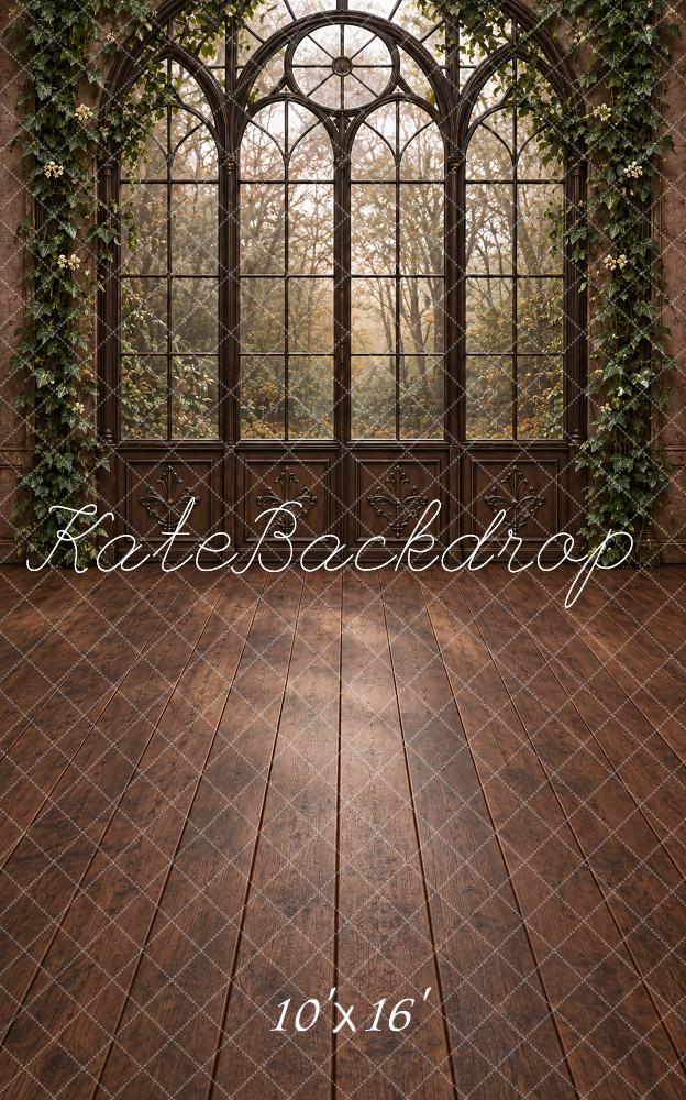 Kate Sweep Forest Gothic Arched Window Wood Floor Printed Backdrop Designed by Vertigo Productions