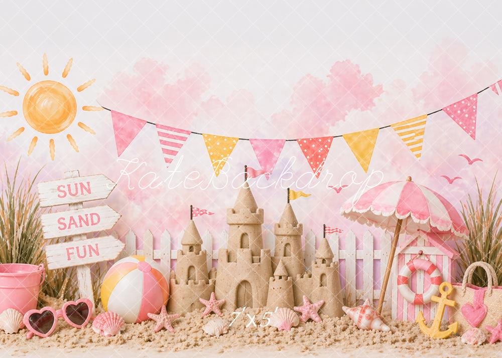 Kate Summer Sandcastle Beach Umbrella Pink Printed Backdrop Designed by Caitlin Lynch