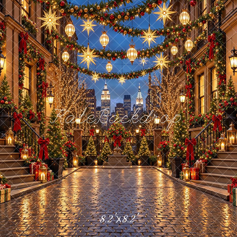 Kate Christmas Urban City Street Buildings Red Bows Garlands Lights Printed Backdrop Designed by Shutter Swan Studios