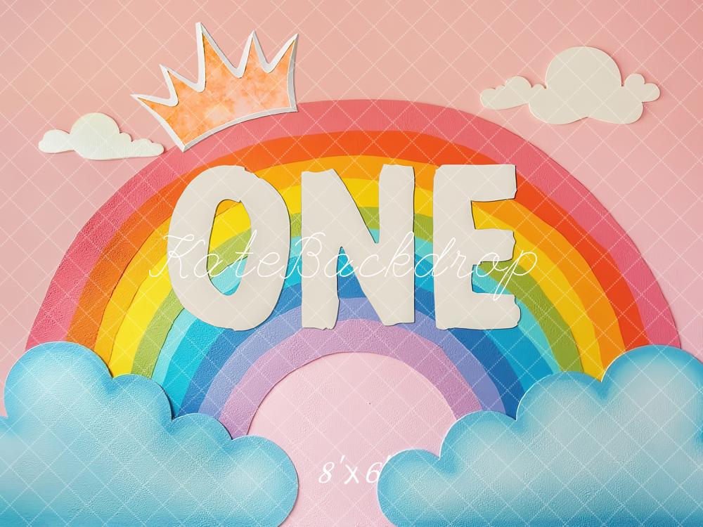 Kate 1st Birthday Rainbow One Crown Clouds Pink Printed Backdrop Designed by Laura Bybee