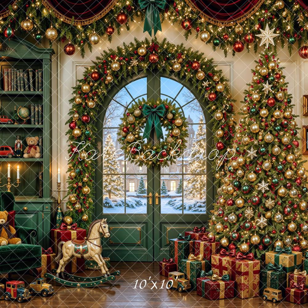 Kate Christmas Tree Green Bookcase Gifts Wreath Toys Printed Backdrop Designed by Mini MakeBelieve