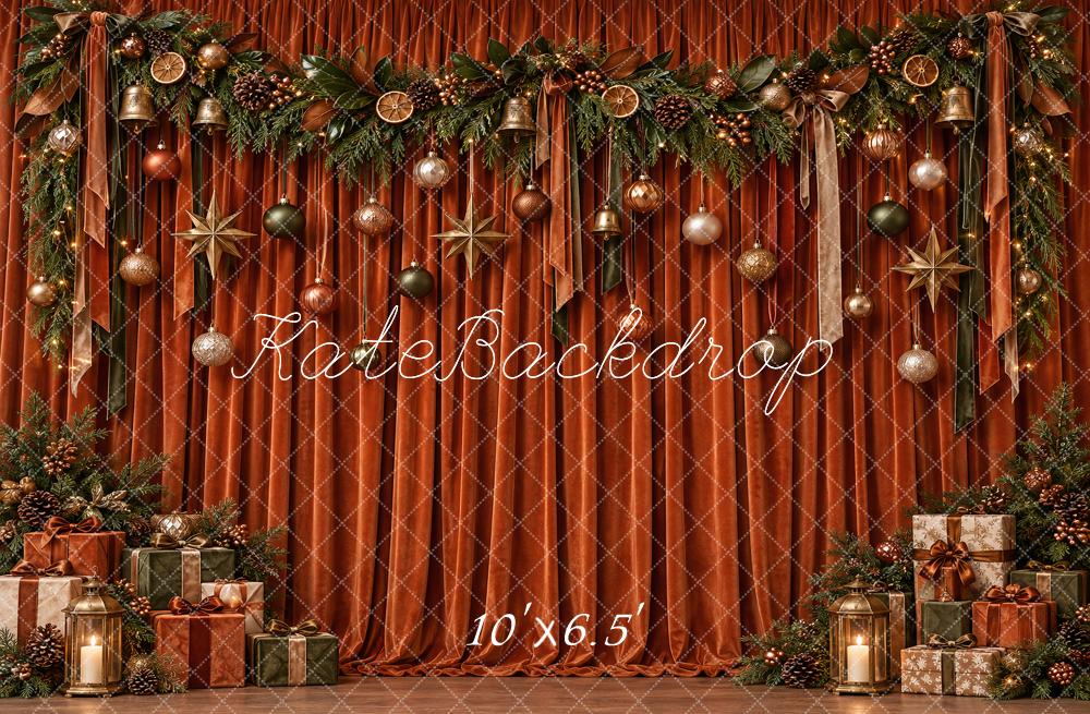 Kate Christmas Burnt Orange Velvet Curtain Ornaments Garland Lights Printed Backdrop Designed by Vertigo Productions
