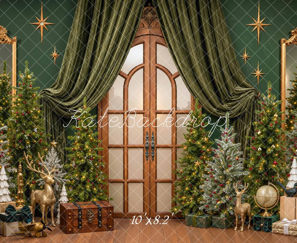 Kate Christmas Trees Green Draped Door Gifts Printed Backdrop Designed by Mini MakeBelieve