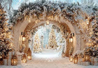 Kate Christmas Snowy Archway Lanterns Pine Trees Printed Backdrop Designed by Emetselch