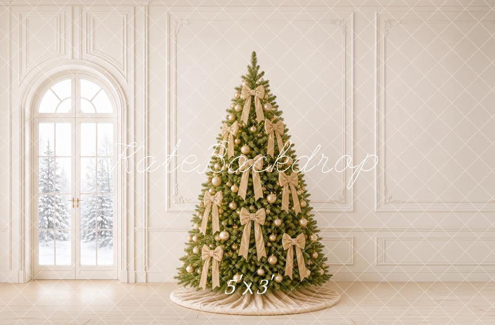 Kate Christmas Gold Bow Tree Elegant White Wall Printed Backdrop Designed by Emetselch