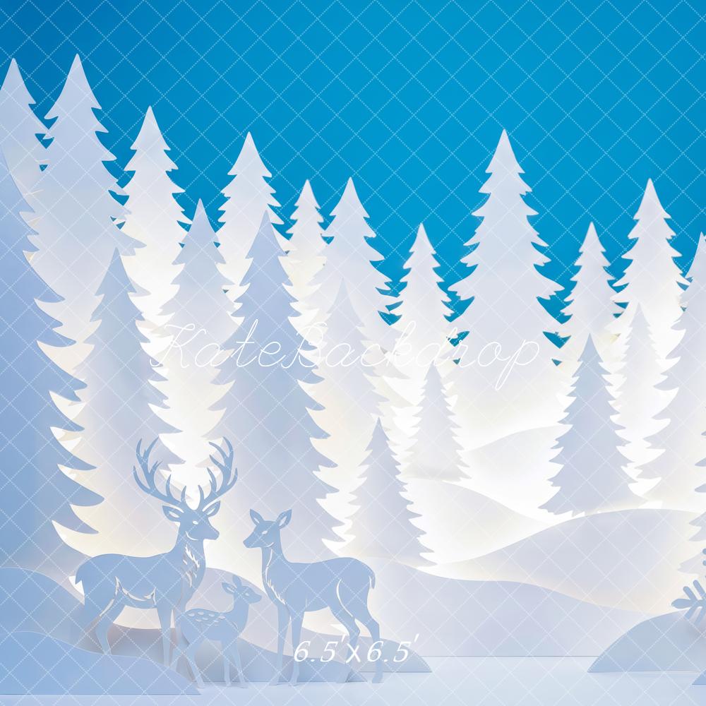 Kate Winter Blue Snowy Forest Paper Silhouettes Deer Snowflakes Printed Backdrop Designed by Patty Roberts