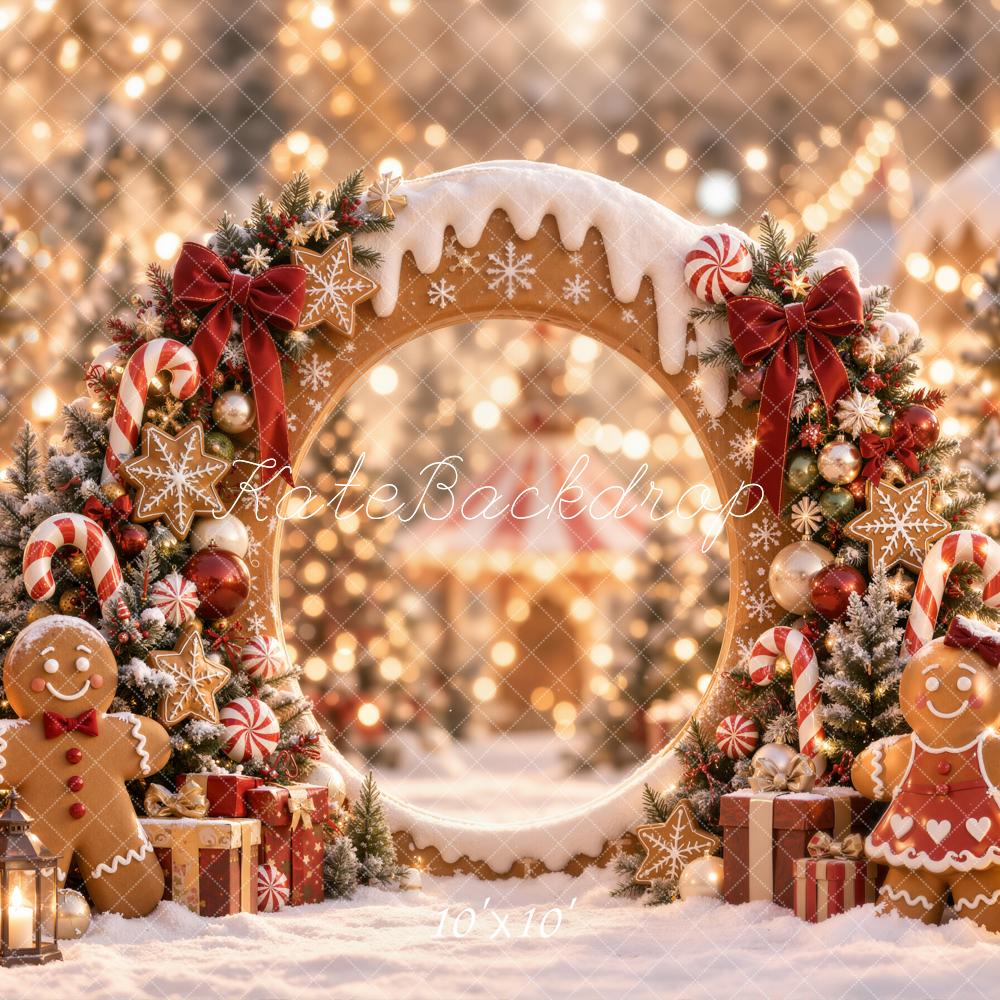 Kate Christmas Gingerbread Circle Arch Candy Cane Snowy Printed Backdrop Designed by Emetselch