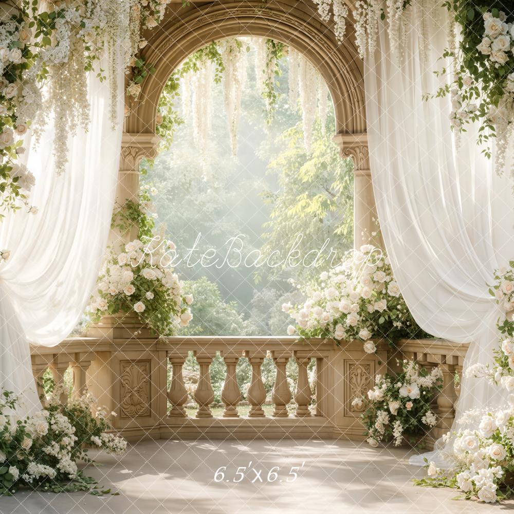 Kate Spring Flower Arch White Roses Draped Curtains Balcony Backdrop Designed by Emetselch