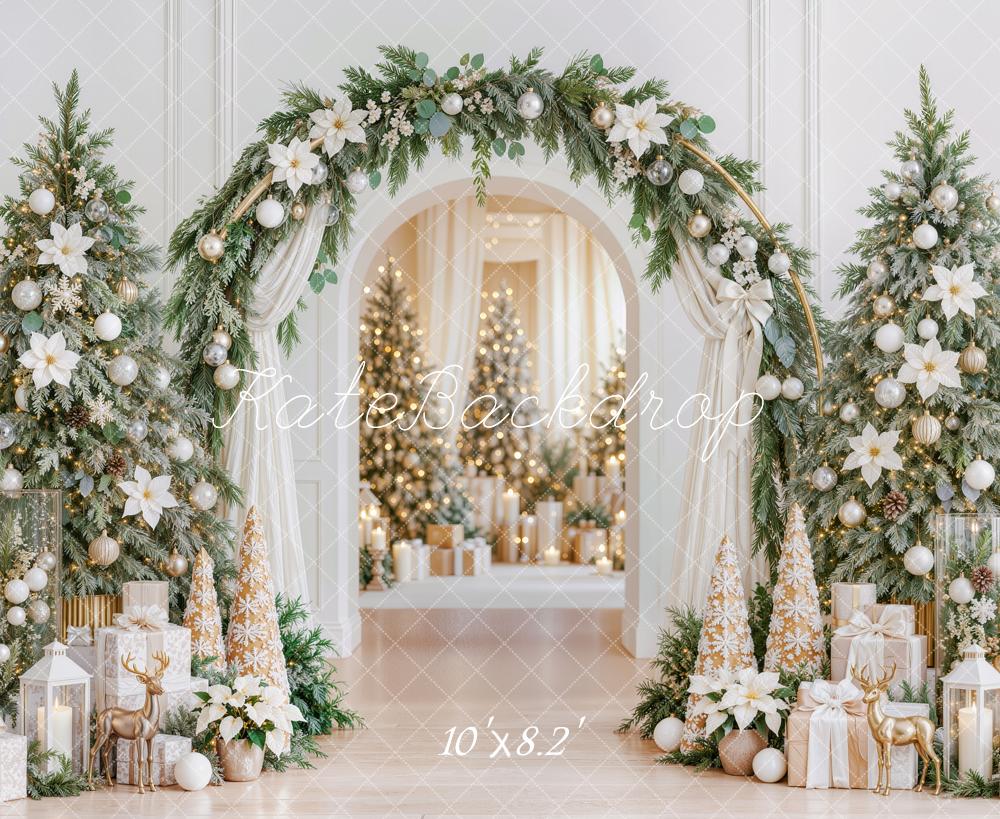 Kate Christmas Poinsettia Greenery Arch Decorated Trees Printed Backdrop Designed by Mini MakeBelieve