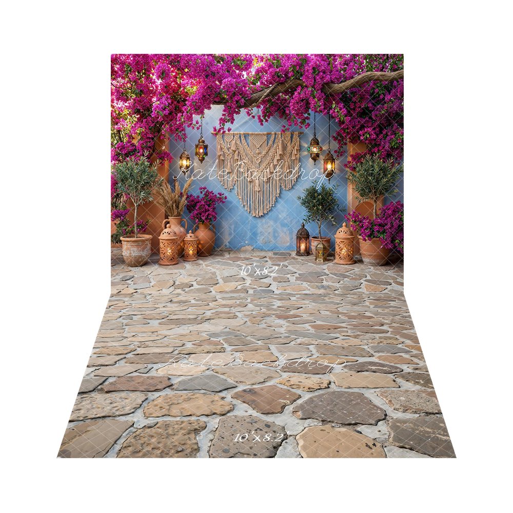 Kate Boho Macrame Pink Flower Arch Lanterns Terracotta Pots Blue Wall Backdrop+Cobblestone Floor Backdrop