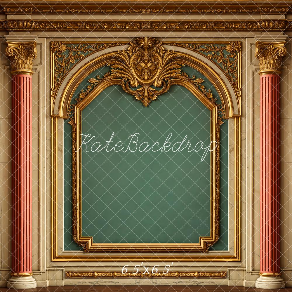 Kate Vintage Ornate Gold Arch Columns Green Wall Printed Backdrop Designed by Emetselch