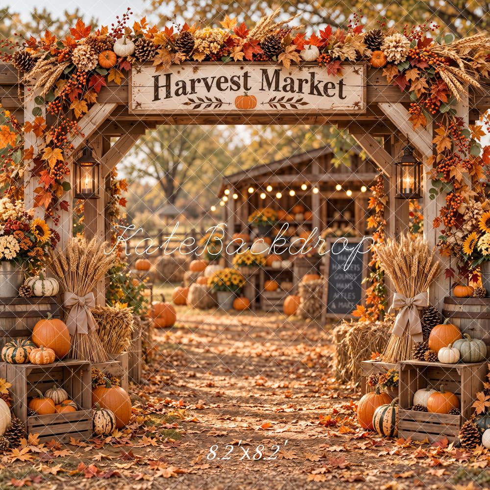 Kate Fall Harvest Market Arch Pumpkins Cabin Printed Backdrop Designed by Emetselch