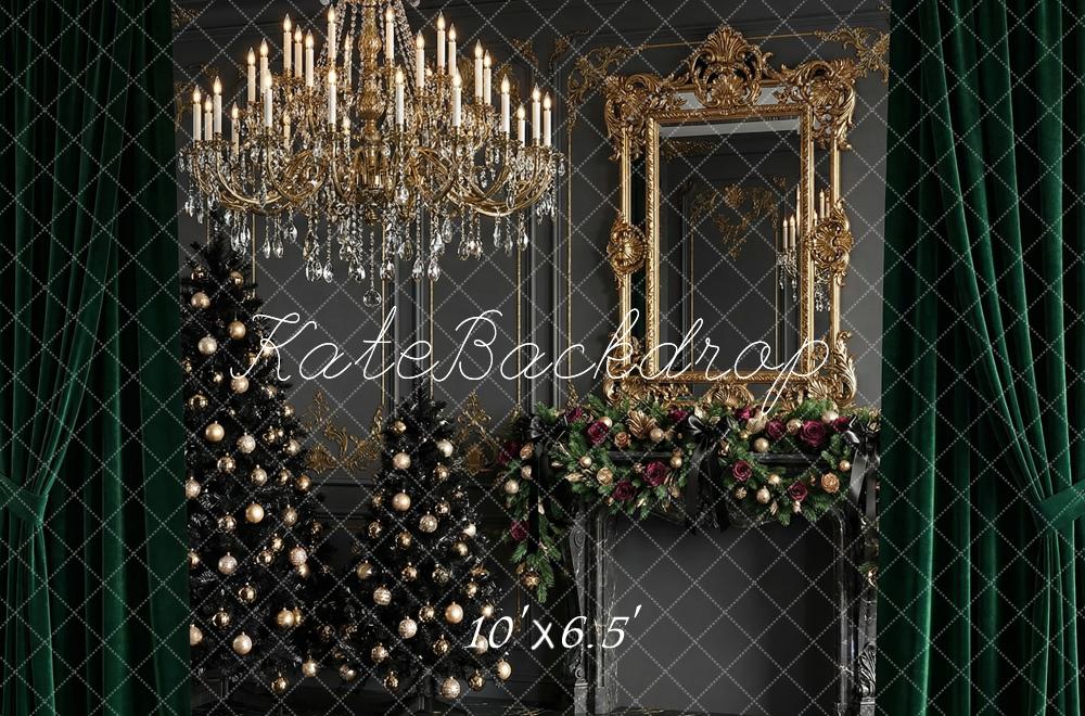 Kate Christmas Trees Luxury Gold Chandelier Garland Mirror Green Curtains Printed Backdrop Designed by Happy Squirrel Design