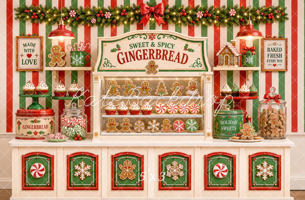 Kate Christmas Gingerbread Candy Shop Cookies Bakery Striped Printed Backdrop Designed by Emetselch