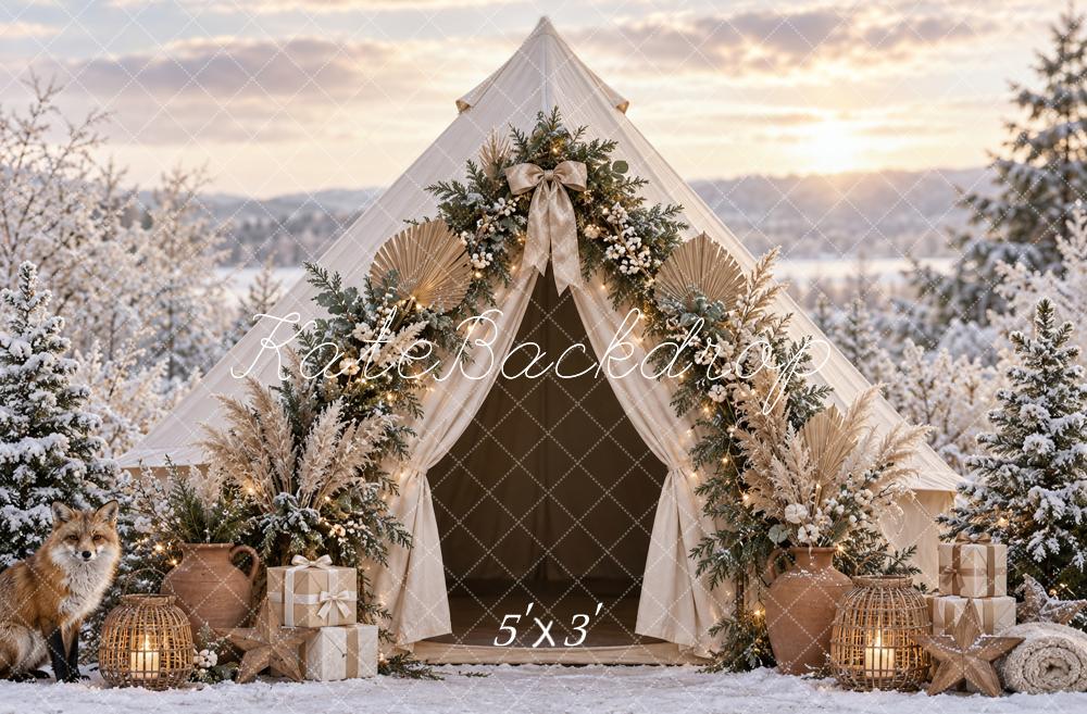 Kate Christmas Boho Tent Snowy Forest Fox Printed Backdrop Designed by Vertigo Productions