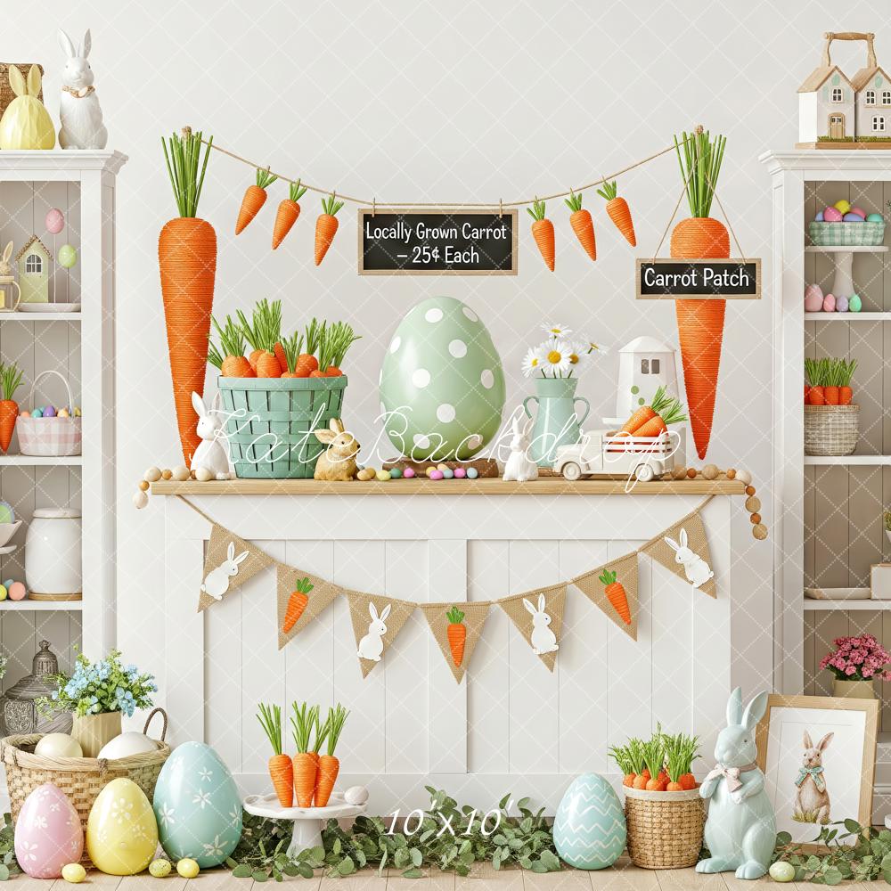 Kate Easter Bunny Carrot Patch Pastel Eggs Fireplace Backdrop Designed by Patty Roberts