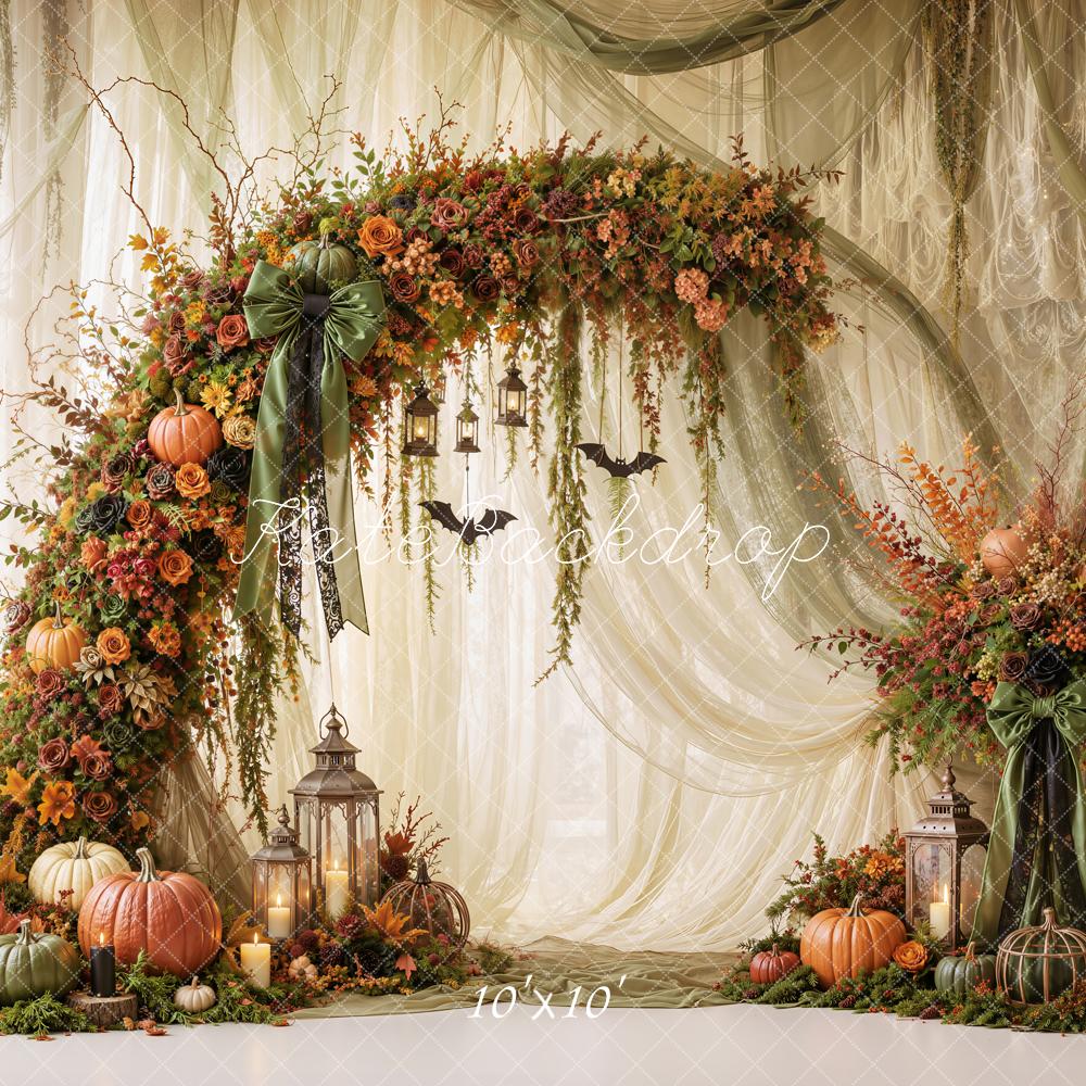 Kate Halloween Fall Green Drapes Pumpkins Flower Arch Lanterns Printed Backdrop Designed by Emetselch
