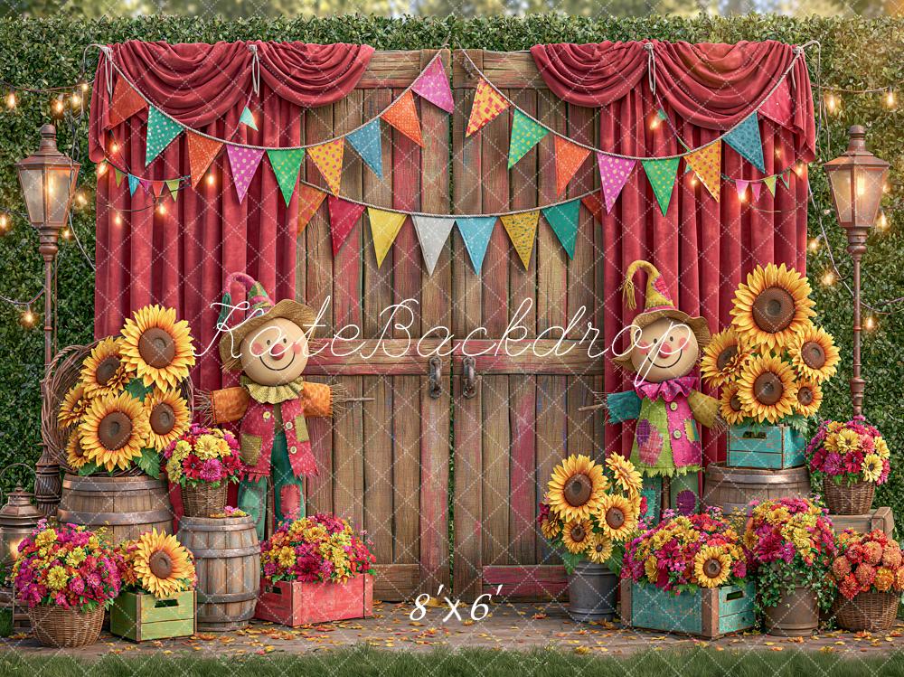 Kate Fall Scarecrow Sunflowers Wooden Door Red Curtain Bunting Printed Backdrop Designed by Angela Miller
