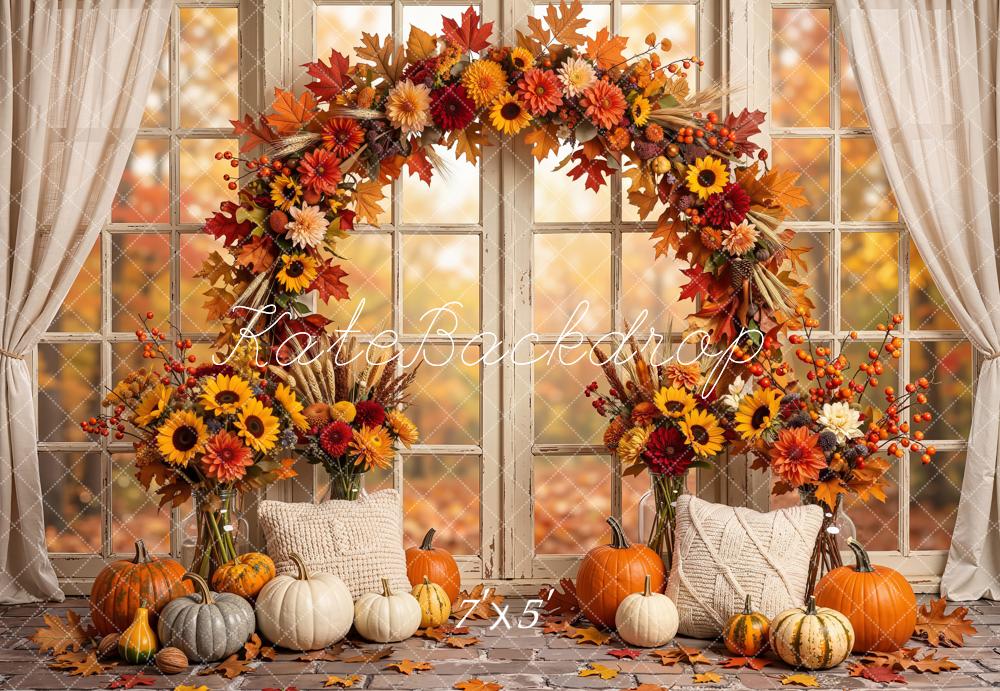 Kate Fall Sunflower Arch Pumpkins Window Printed Backdrop Designed by Emetselch