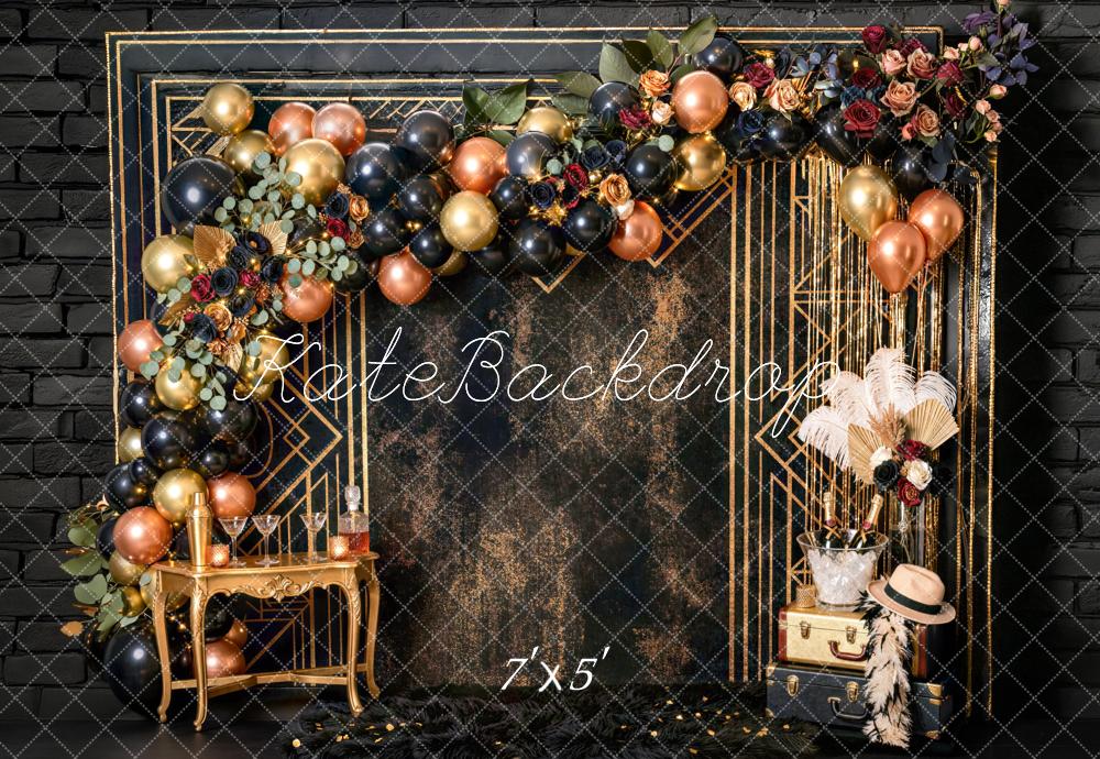 Kate Birthday Black Gold Art Deco Floral Balloon Champagne Garland Printed Backdrop Designed by Mini MakeBelieve