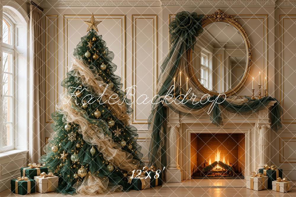 Kate Christmas Tree Tulle Fireplace Ornate Mirror Antique Printed Backdrop Designed by Shutter Swan Studios