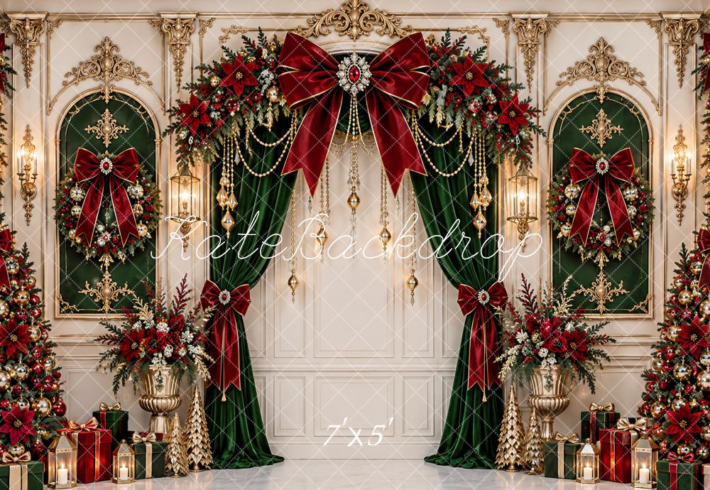 Kate Christmas Opulent Baroque Red Bow Arch Curtains Vintage Printed Backdrop Designed by Ashley Paul