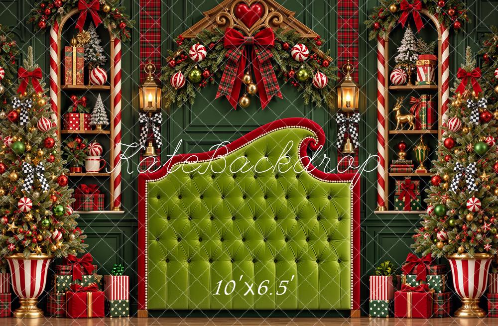 Kate Christmas Green Headboard Trees Candy Cane Plaid Printed Backdrop Designed by Shutter Swan Studios