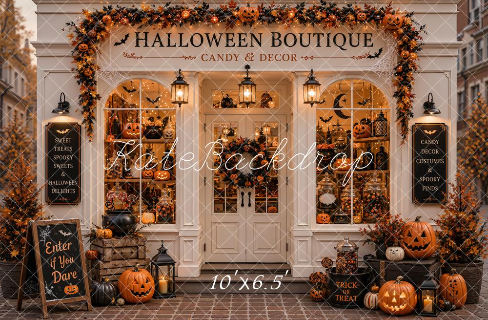 Kate Halloween Candy Boutique Pumpkin Storefront Garland Printed Backdrop Designed by Emetselch