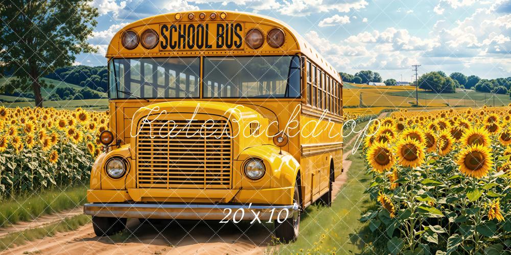 Kate Back to School Fall Yellow School Bus Sunflower Field Backdrop Designed by Emetselch