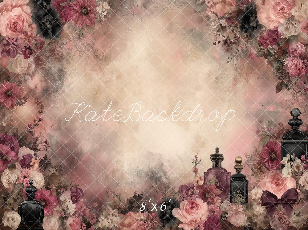 Kate Gothic Pink Floral Perfume Bottles Printed Backdrop Designed by Angela Miller
