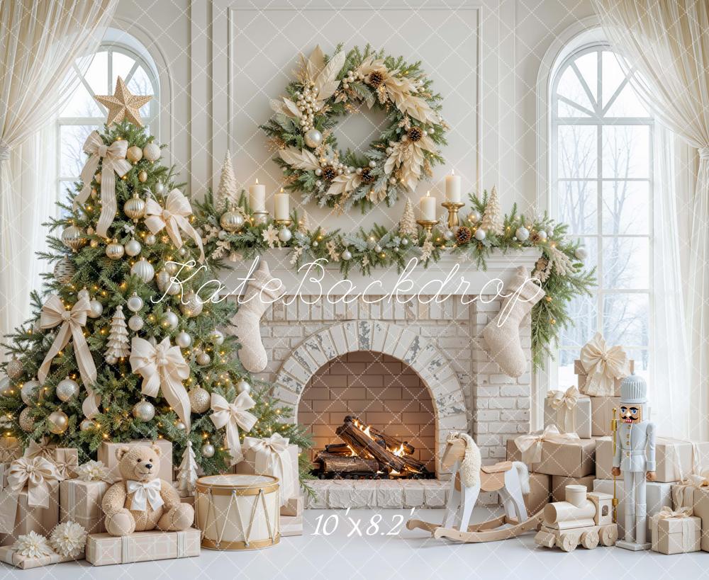 Kate Christmas Fireplace Tree White Bow Wreath Teddy Bear Printed Backdrop Designed by Mini MakeBelieve