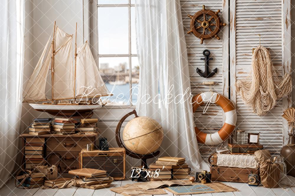 Kate Nautical Sailboat Globe Books Anchor Ship Wheel Backdrop Designed by Emetselch