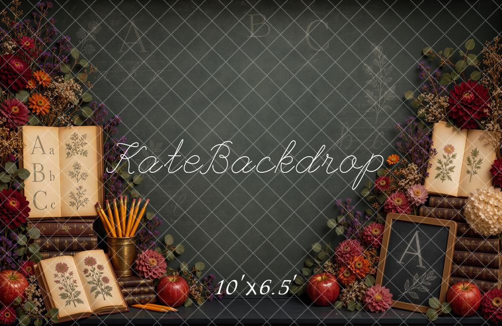 Kate Back to School Chalkboard Books Flowers Apples Printed Backdrop Designed by Ashley Ward