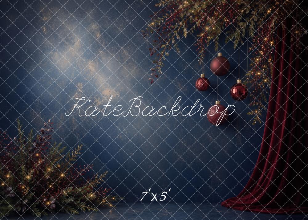Kate Christmas Navy Abstract Ornaments Red Curtain Printed Backdrop Designed by Ashley Ward
