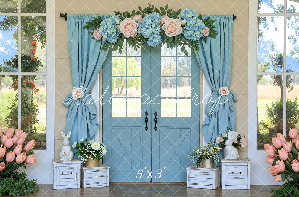 Kate Spring Bunny Blue Door Flower Arch Printed Backdrop Designed by Mini MakeBelieve
