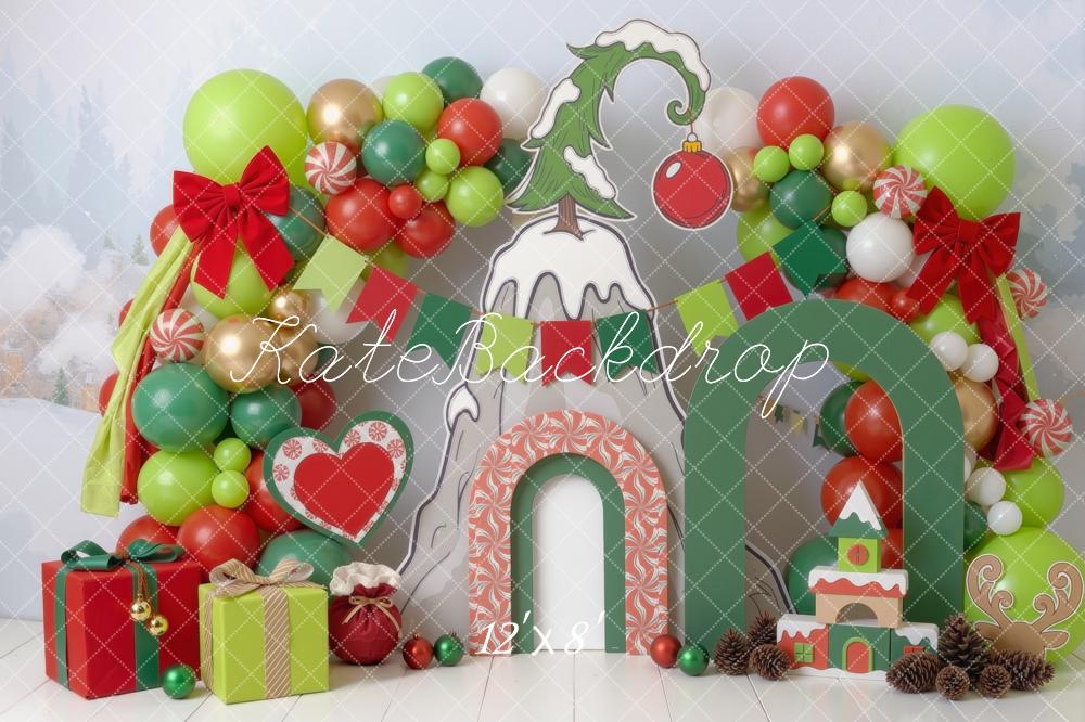 Kate Christmas Cake Smash Whoville Balloon Arch Candy Cane Gifts Green Red Printed Backdrop Designed by Mini MakeBelieve