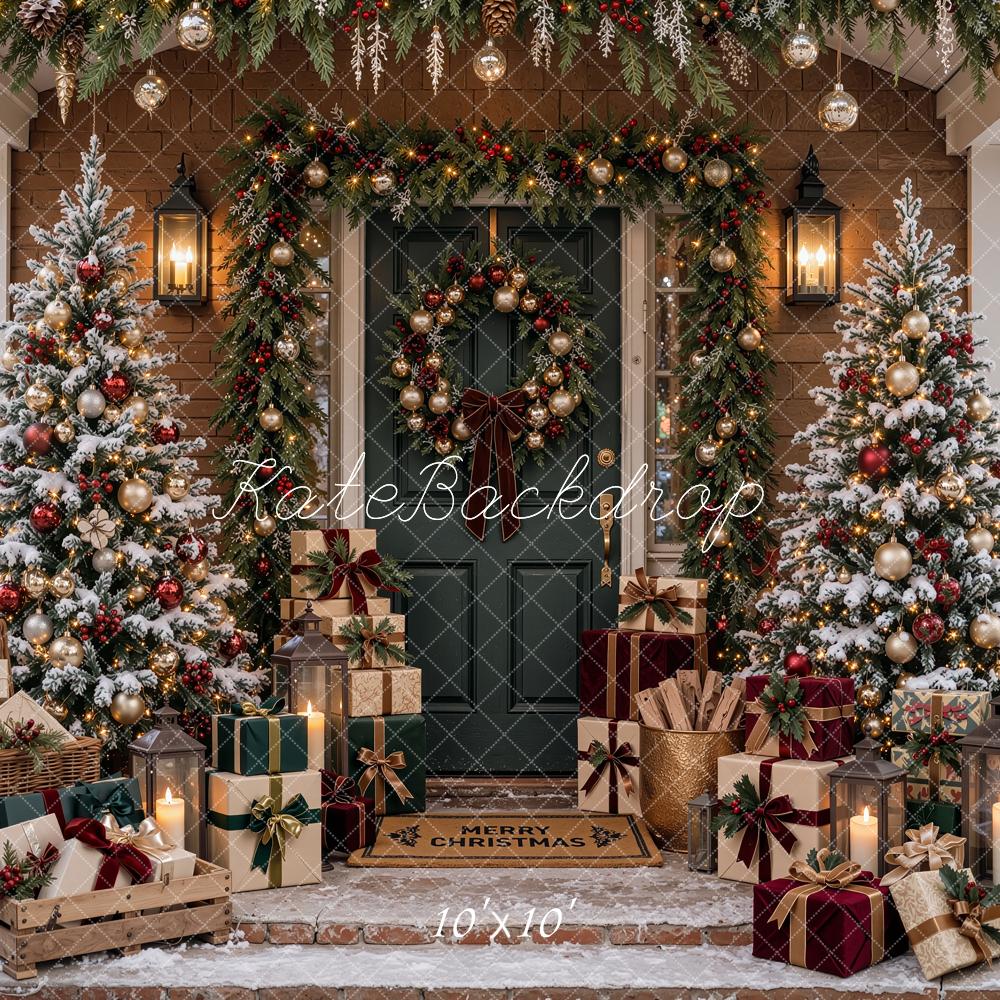 Kate Christmas Snowy Front Porch Trees Wreath Gifts Printed Backdrop Designed by Shutter Swan Studios